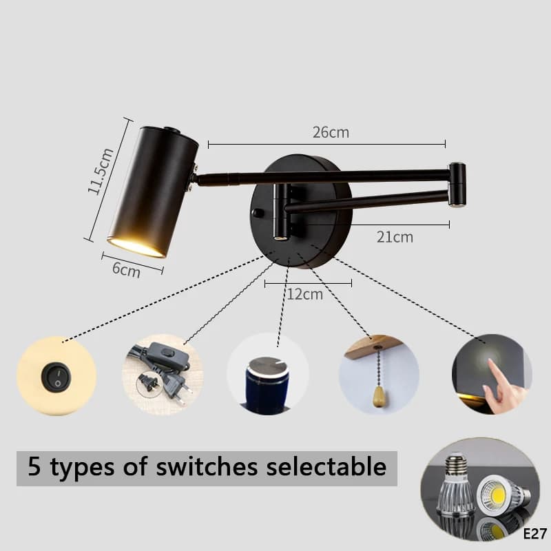 Lampe murale pliable et rétractable à intensité variable avec interrupteur tactile, pour chambre à c
