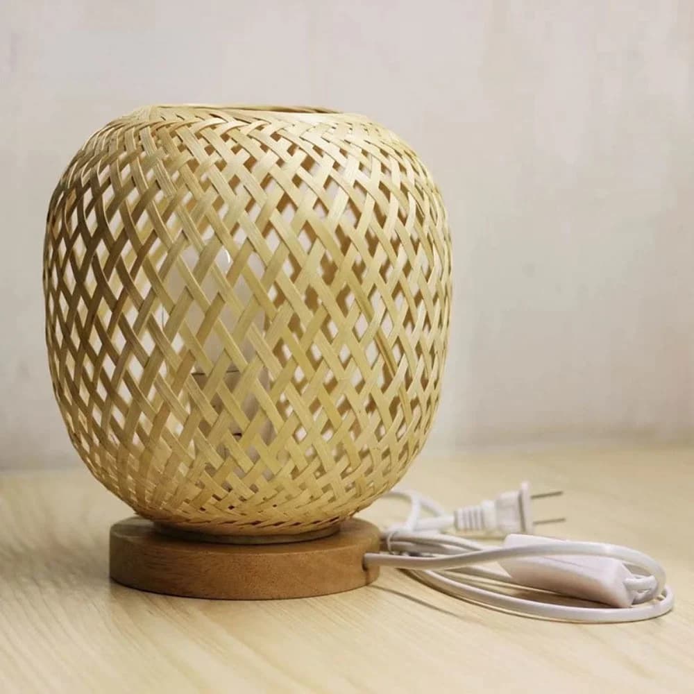 Lampe de Table tissée en bambou avec Base en bois naturel fait à la main, lampe de bureau rétro, lam