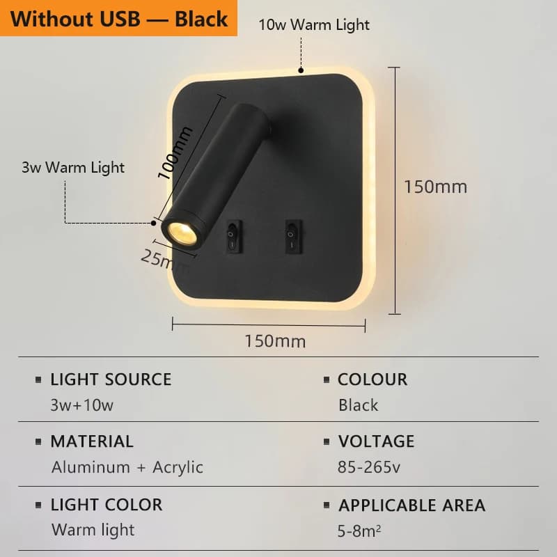 Lampe murale LED rotative pour chevet, lampe de lecture, projecteur mural avec chargeur USB de type 