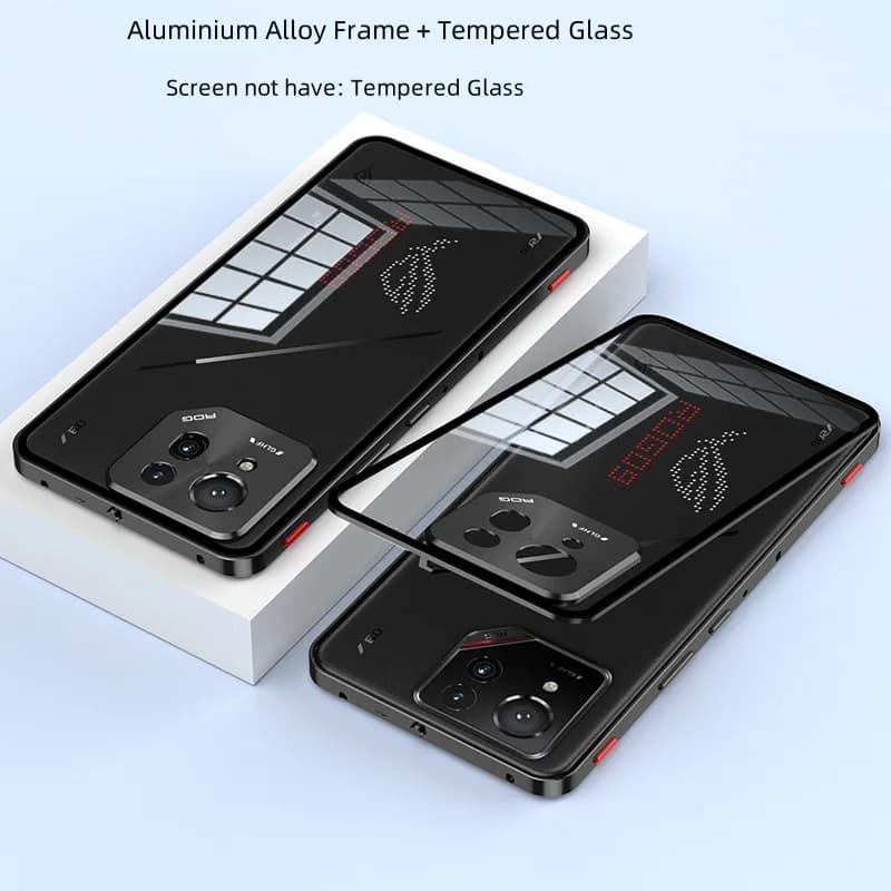 Coque de protection en alliage d'aluminium avec pare-chocs en métal + dos en verre trempé pour ASUS 