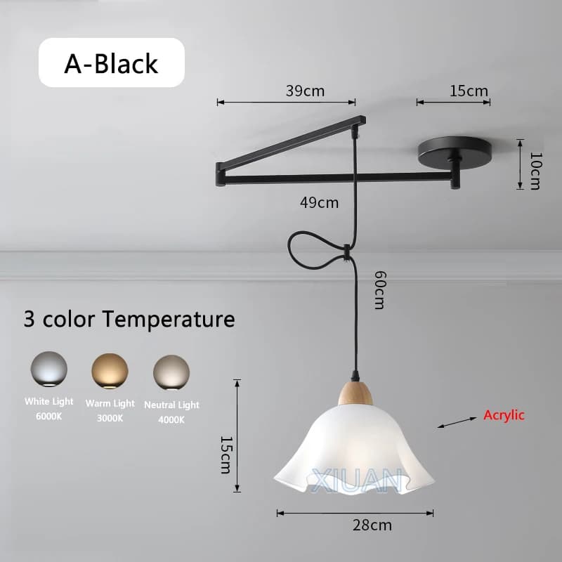 Lampe LED Suspendue à Bras Basculant au Dessus de la Table à Manger, Lustre Mobile, Blanc, Noir, Ora