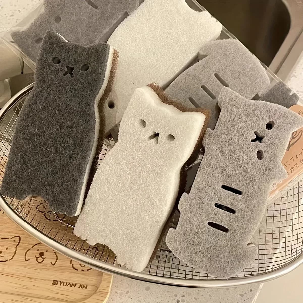 Ensemble d'éponges de cuisine chat mignon 4 pièces – Outils de vaisselle et de nettoyage épais et du