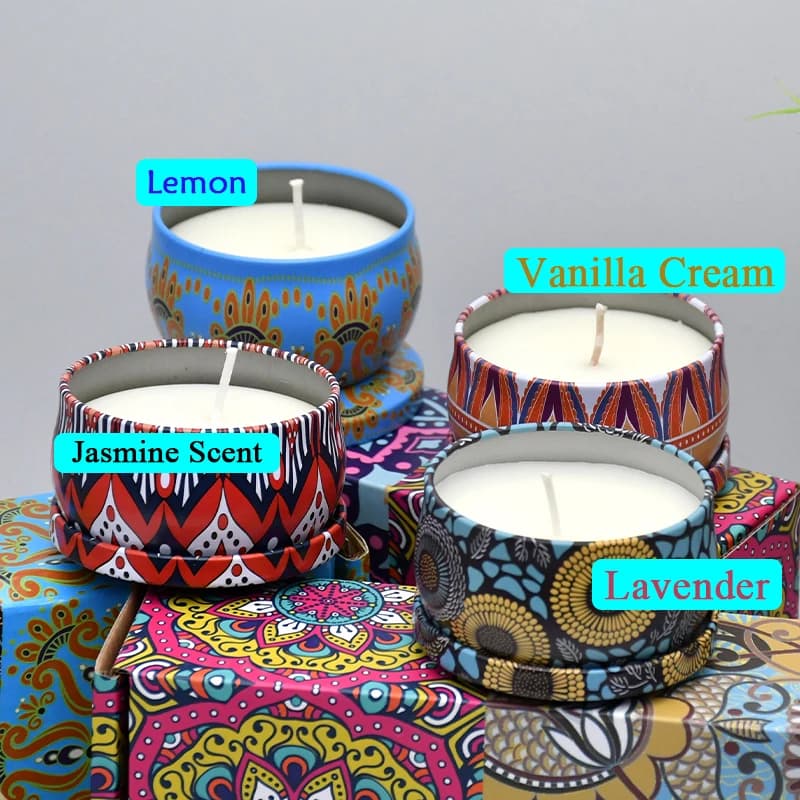 Ensemble de 4 bougies parfumées (quatre senteurs : jasmin, lavande, citron, vanille), idéal pour les