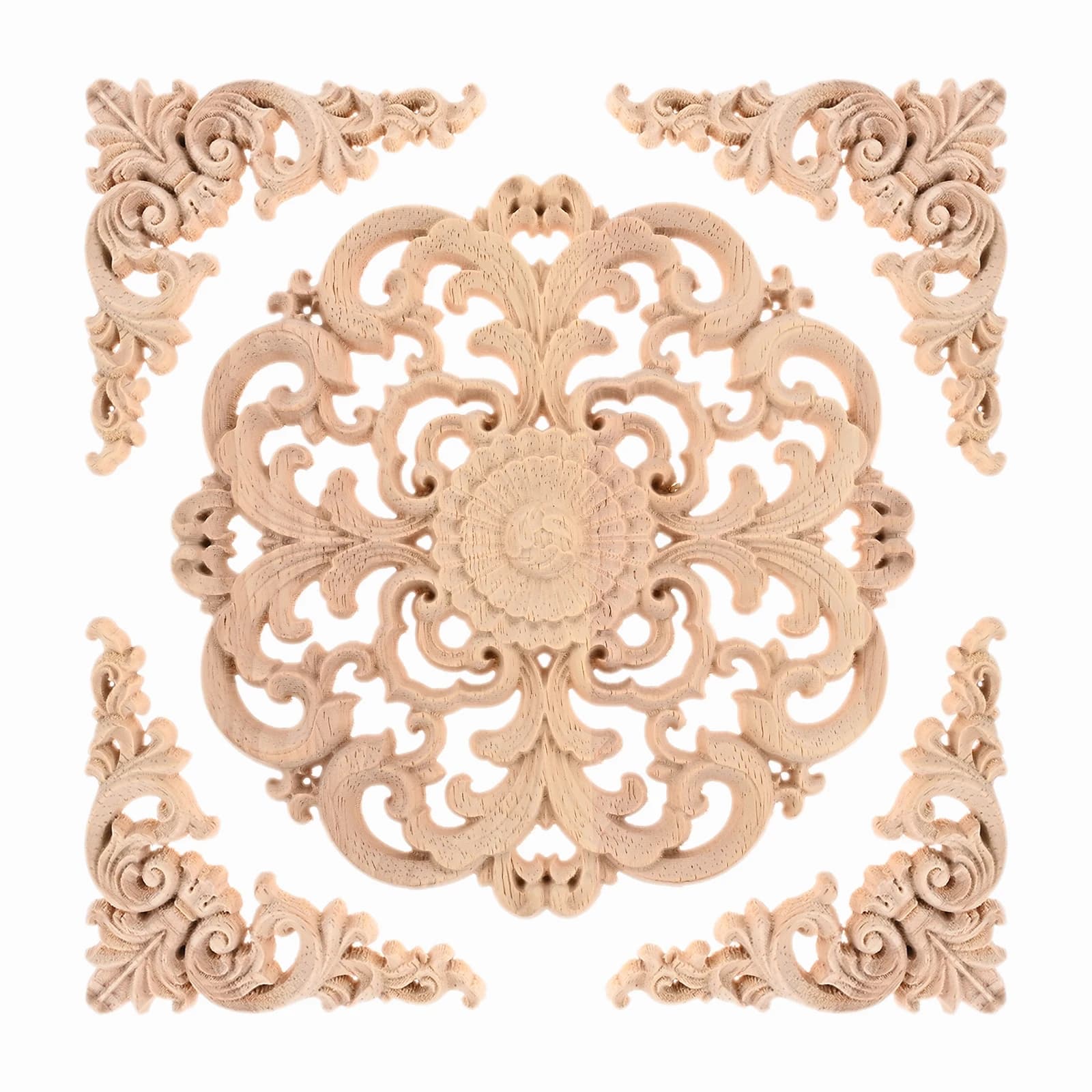 Appliques en bois non peintes sculptées à fleurs, Onlencipour lit, porte, armoire, armoire, décorati