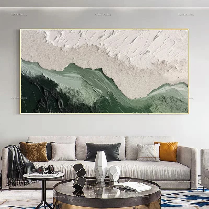 Grande peinture à l'huile spéciale peinte à la main, verte et beige, texture moderne, toile épaisse,
