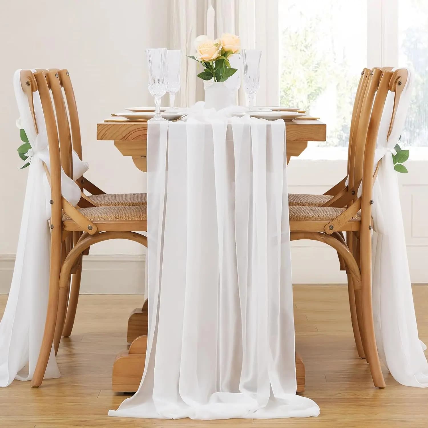 Chemin de Table en mousseline de soie vert sauge, ceintures de chaise en arc de mariage en gaze de l