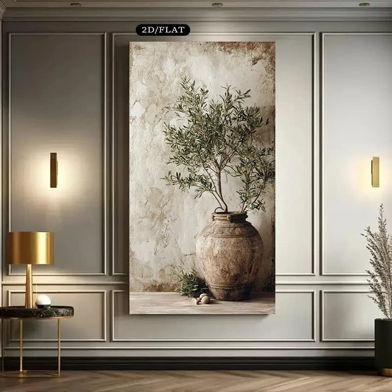 Grand vase d'oliviers dans la campagne, peinture sur toile imprimée, plantes simples, affiches d'art