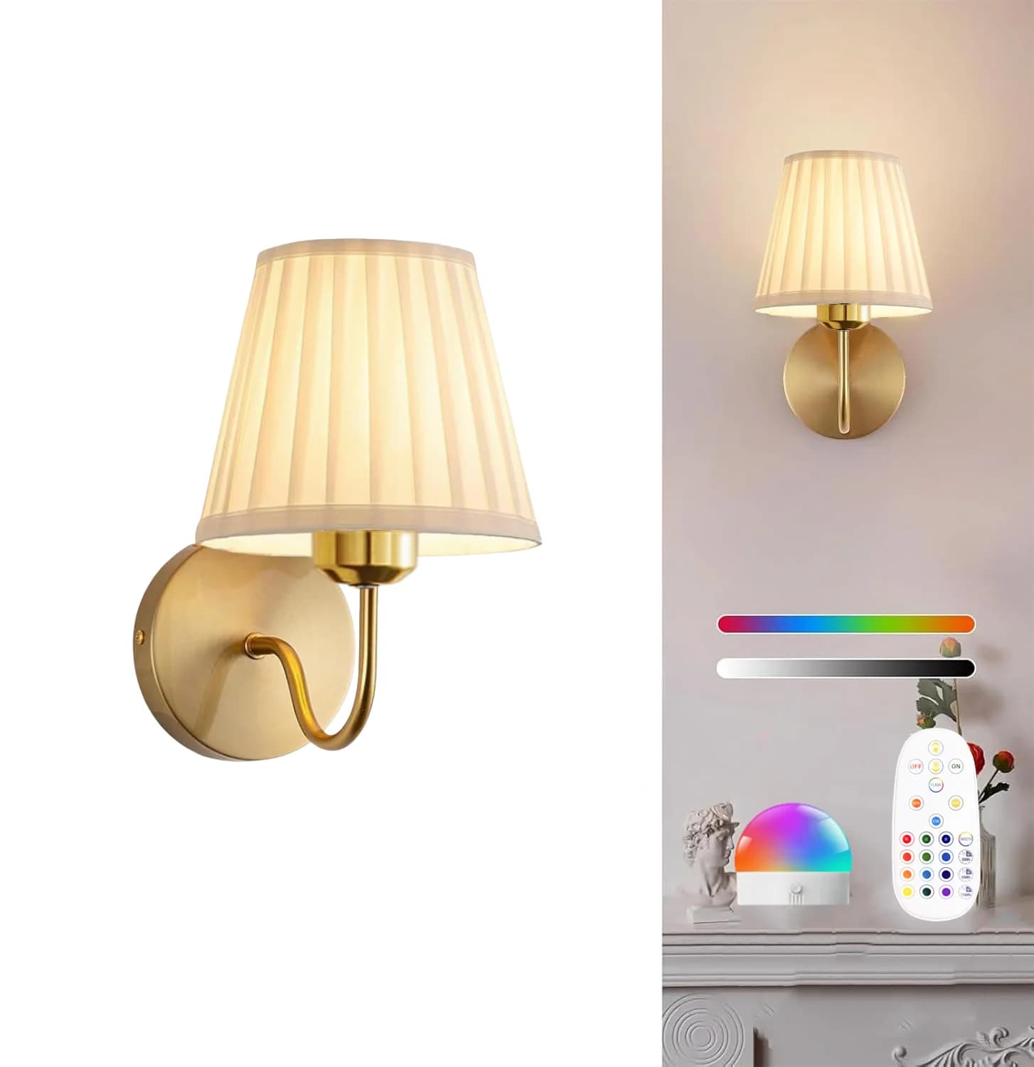 Lampe murale à piles, lampe murale à chargement sans fil avec télécommande, à intensité variable, 15