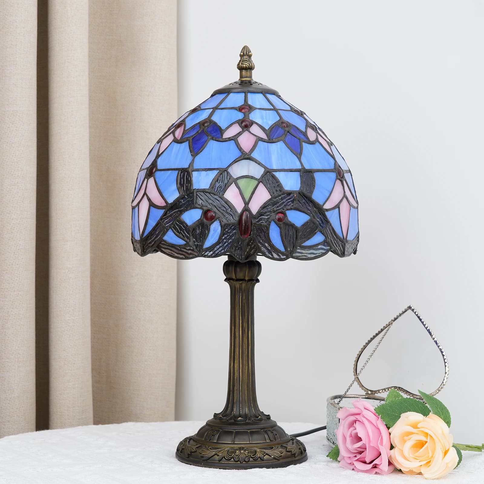 Lampe de table en verre teinté artisanal de style baroque bleu, lampe Tiffany pour petit espace, cha