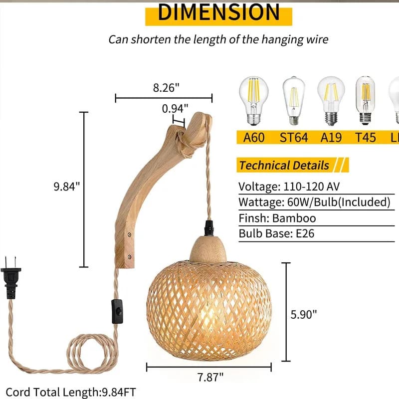 Lanterne en bambou applique en rotin naturel osier E27 lustres tissé à la main en bambou décor de ch