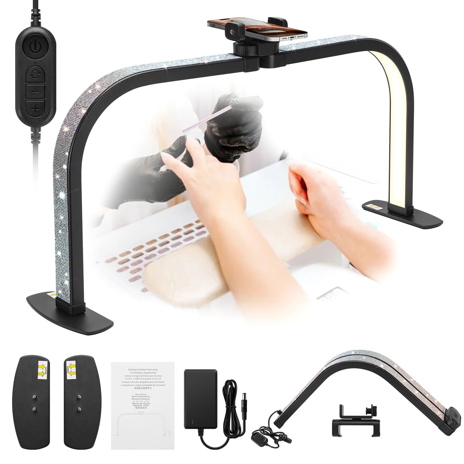 Lampe à ongles demi-lune pliable 25 pouces avec support de téléphone, 3 modes de couleur, 10 niveaux