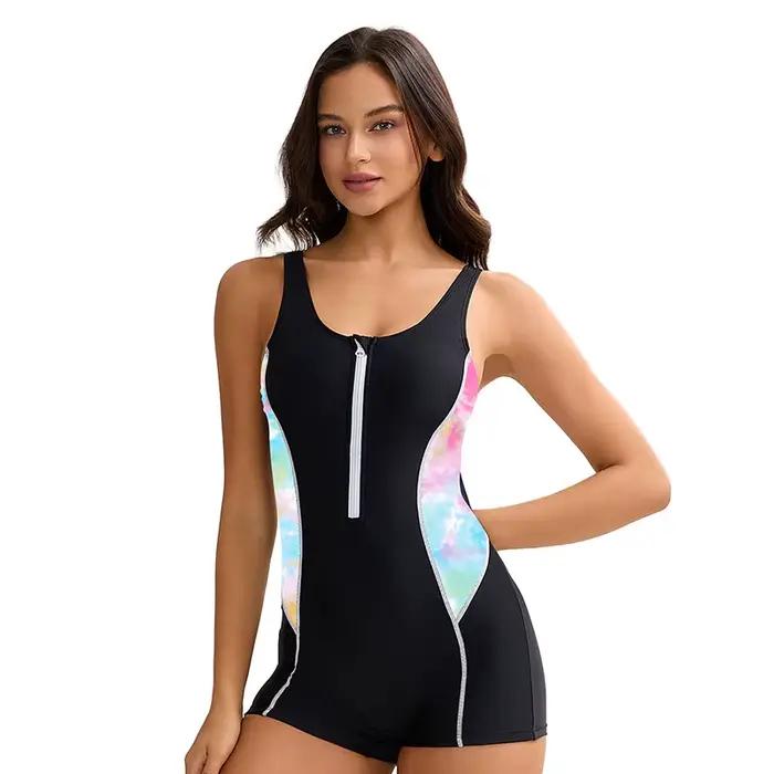Femmes une pièce athlétique tour natation compétition course maillot de bain avant fermeture éclair