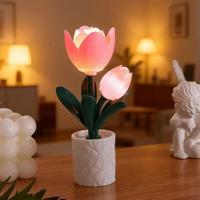 Lampe de table fleur rose Tulipe/Rose/Orchidée azur, plante en pot, veilleuse d'ambiance, décoration