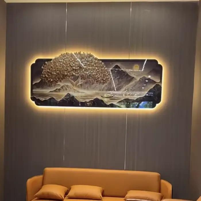 2025 salon décoration peinture LED lumières richesse arbre canapé fond Mural haut de gamme