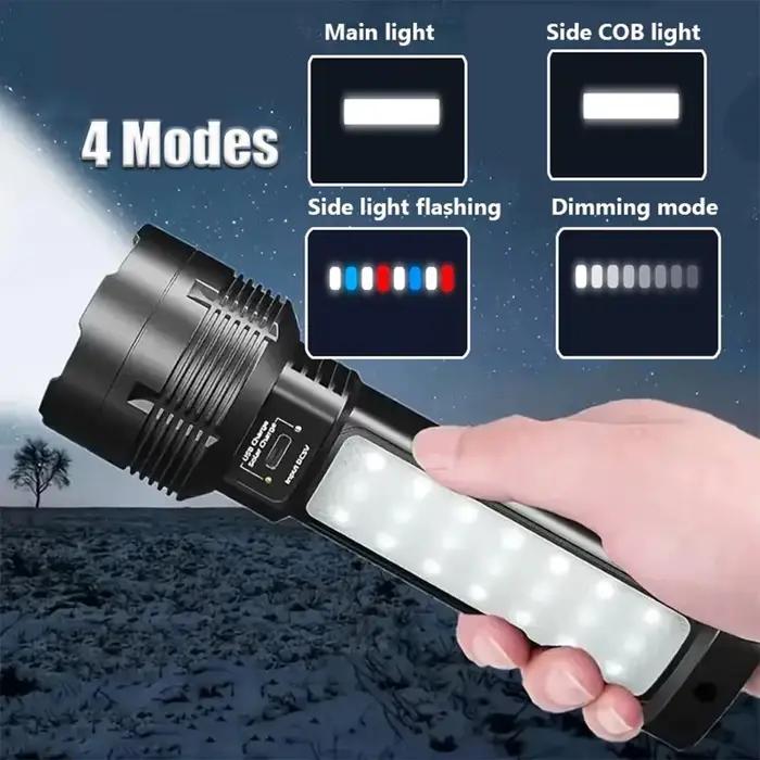 Lampe de poche LED à énergie solaire avec lanterne latérale COB, torche portative puissante, Rechargeable par USB, pour Camping en plein air et pêche