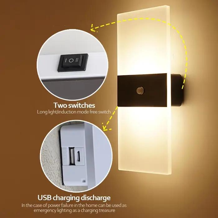 Appliques murales LED sans fil rechargeables lampe murale pour chambre à coucher chevet balcon couloir décoration intérieure avec capteurs de mouvement et de lumière trois niveaux de luminosité recharge USB occasionnelle