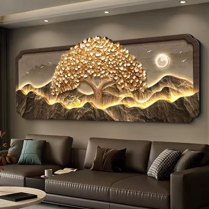 2025 salon décoration peinture LED lumières richesse arbre canapé fond Mural haut de gamme