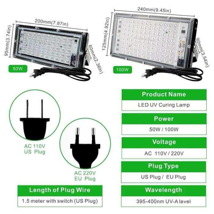 Projecteur Led UV 110V 220V 50W 100W, lumière de fête 395nm 400nm IP65, lampe de scène fluorescente ultraviolette étanche avec prise US/EU