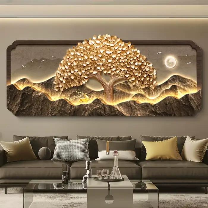2025 salon décoration peinture LED lumières richesse arbre canapé fond Mural haut de gamme
