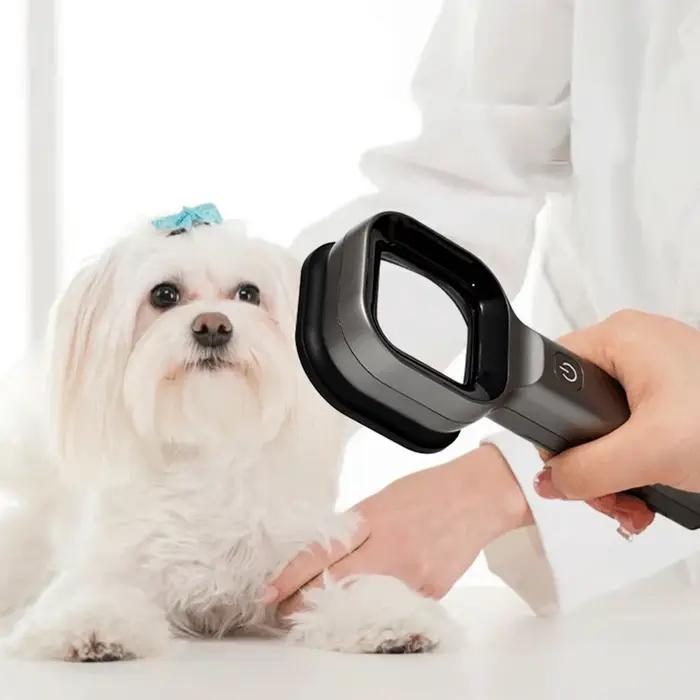 Lampe en bois brun foncé pour soins d'animaux de compagnie avec chargeur USB intégré et filtre portatif pour diagnostics de peau et soins de routine chez les chiens et chats
