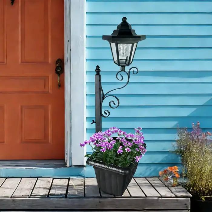 Lampadaire solaire avec jardinière, lampe décorative de jardin, support à fleurs en fer, pot de fleurs, lampe d'ambiance paysagère pour la décoration de la cour et des allées