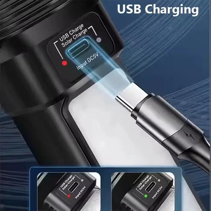Lampe de poche LED à énergie solaire avec lanterne latérale COB, torche portative puissante, Rechargeable par USB, pour Camping en plein air et pêche