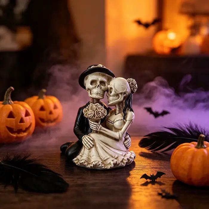 Figurine de couple de mariés squelettes gothiques, statue de mariée et de marié jusqu'à ce que la mort nous sépare, ornement en résine, décoration de gâteau de mariage d'Halloween, cadeau de décoratio