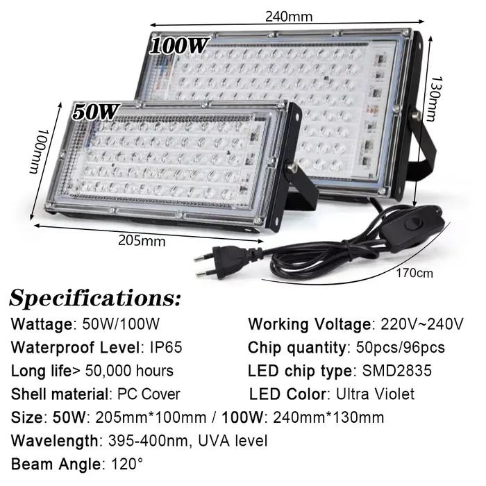 Projecteur LED UV 50W 100W 150W 220V projecteur extérieur 395nm 400nm lampe de scène fluorescente ultraviolette LED lumière noire de scène