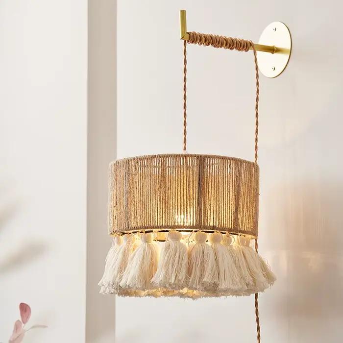 Bohème coton gland applique murale Wabi-sabi chanvre corde lampe LED E27 main tricot chambre