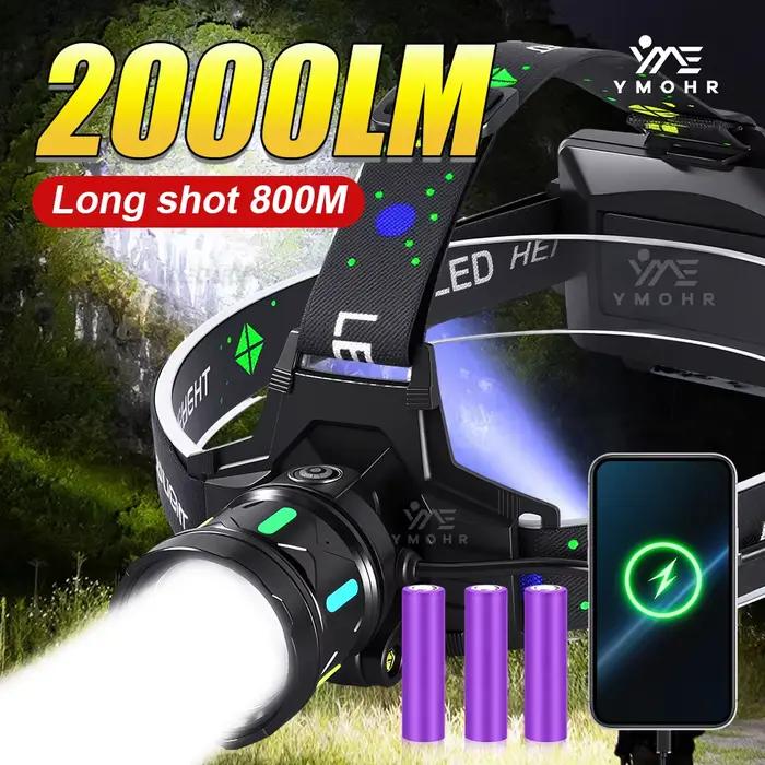 2000LM randonnée phare Zoomable USB C Rechargeable en alliage d'aluminium phare Vision nocturne tête torche Camping recherche pêche