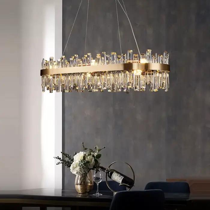 LED postmoderne doré Chrome argent rond ovale cristal lustre éclairage Suspension Luminaire Lampen pour salle à manger