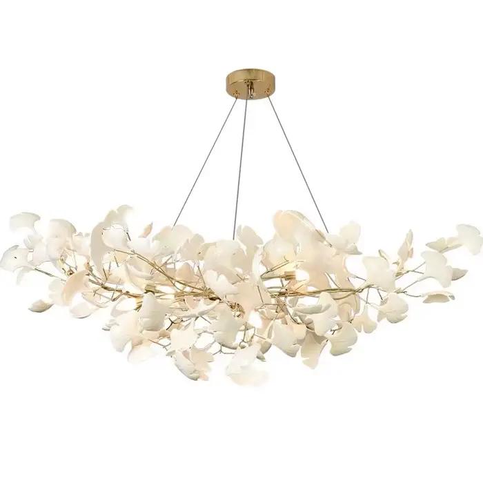 Céramique moderne blanc longue feuille de Ginkgo pendentif LED lumière décoration Villa salon plafond lustre intérieur suspendus lumières
