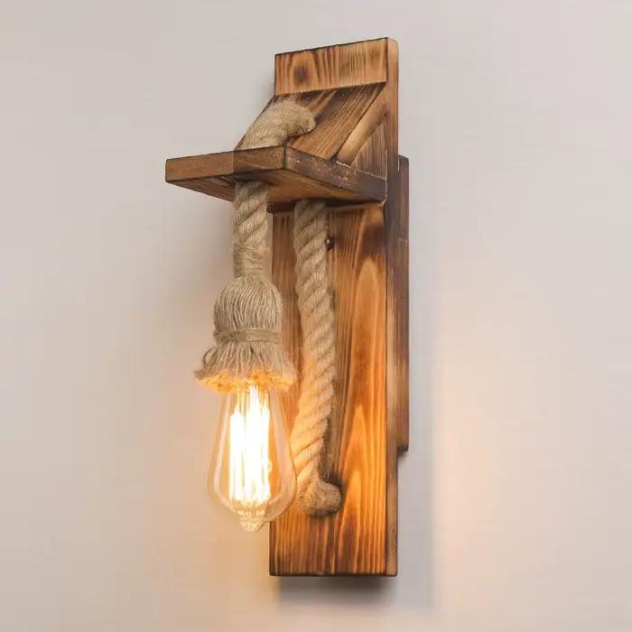 Applique Murale en Bois Rétro avec Corde de Chanvre