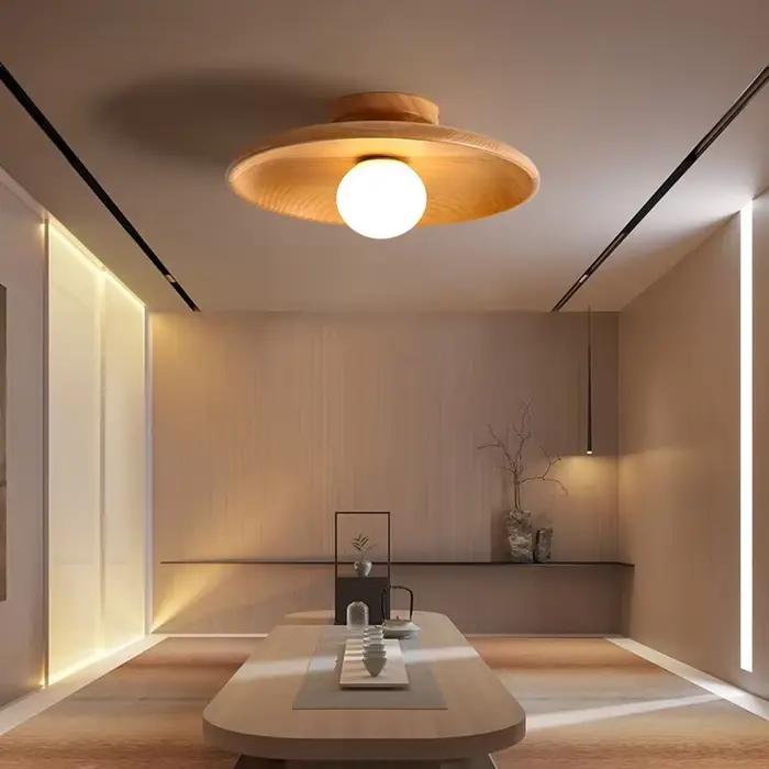 Plafonnier LED en Bois avec Disque Suspendu pour Couloir