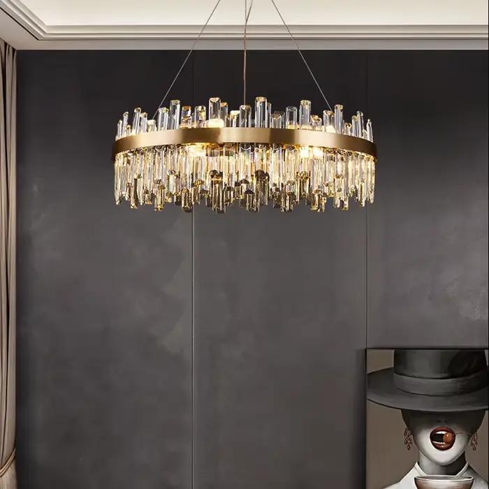 LED postmoderne doré Chrome argent rond ovale cristal lustre éclairage Suspension Luminaire Lampen pour salle à manger