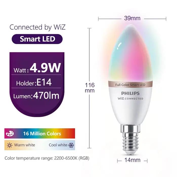 Philips Smart LED 4.9W E14 bougie WiZ Wi-Fi et Bluetooth ampoule 220-240V 16 millions de couleurs givré lampe à intensité variable CRI90