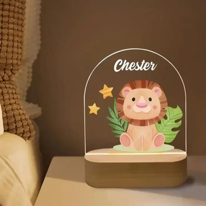 Veilleuse personnalisée pour naissance de bébé, nom personnalisé, Animal avec Usb, lampe à Base en bois pour chambre à coucher, Table, accessoires de décoration arc-en-ciel, cadeau