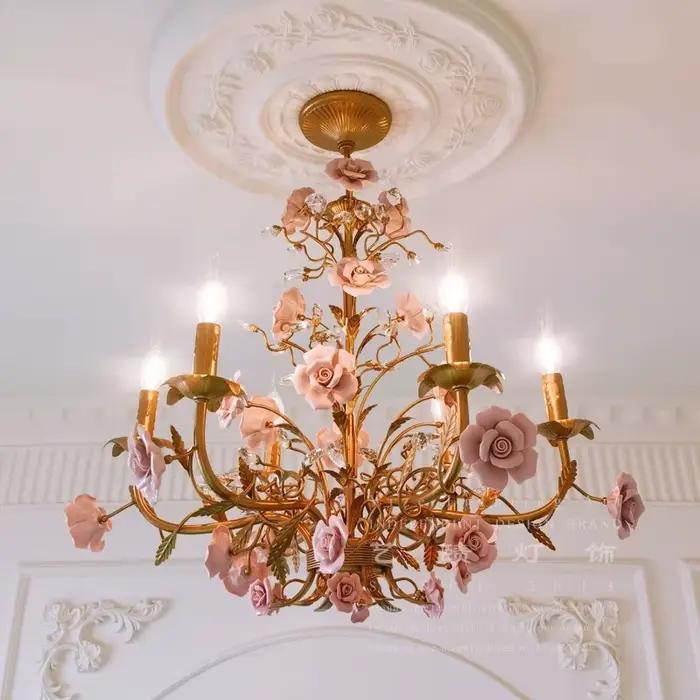 Lampe à suspension de campagne vintage française-lampe à bougie de salle à manger de fleur de rose-lampe de chambre d'enfant de pays américain