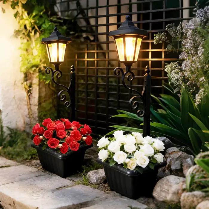 Lampadaire solaire avec jardinière, lampe décorative de jardin, support à fleurs en fer, pot de fleurs, lampe d'ambiance paysagère pour la décoration de la cour et des allées