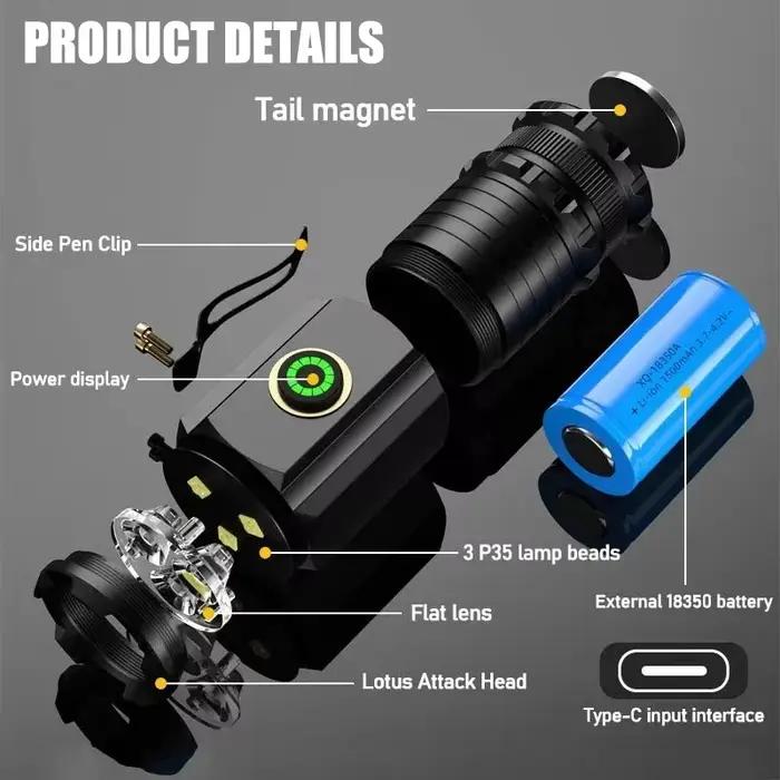 MIni lampe de poche LED puissante 2000LM 3LED lumière Ultra forte 18350 batterie intégrée USB Rechargeable avec aimant torche Portable