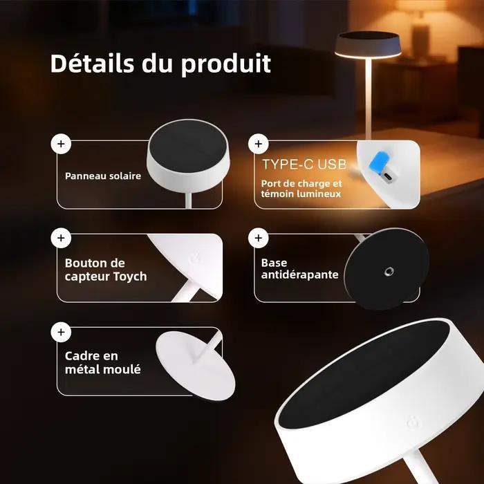 Lampe de table solaire rechargeable, lampe LED étanche, lampe de chevet pour éclairage extérieur, camping, jardin, terrasse, lampe de bureau portable