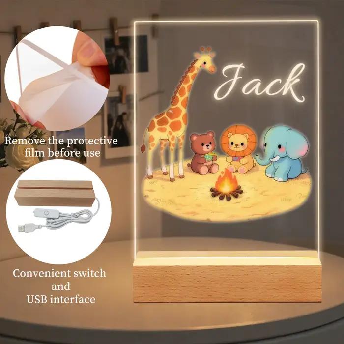 Lampe de nuit personnalisée en forme d'animal, lampe LED en acrylique avec nom personnalisé, motif de dessin animé forestier, décoration de chambre à coucher, cadeau d'anniversaire unique