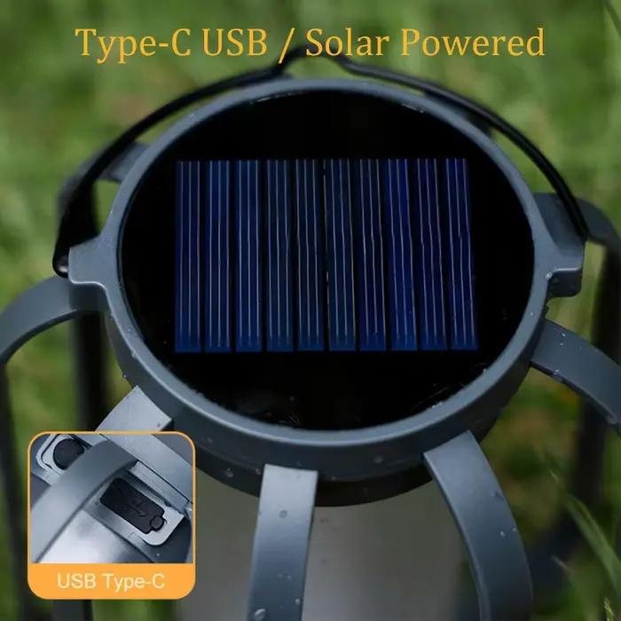 Lanterne de camping rétro à LED avec effet de flamme, lampe de tente rechargeable par énergie solaire, étanche pour jardin et patio