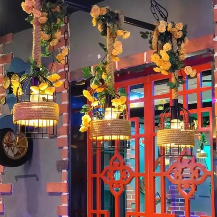 Luminaire suspendu de style industriel en corde de chanvre