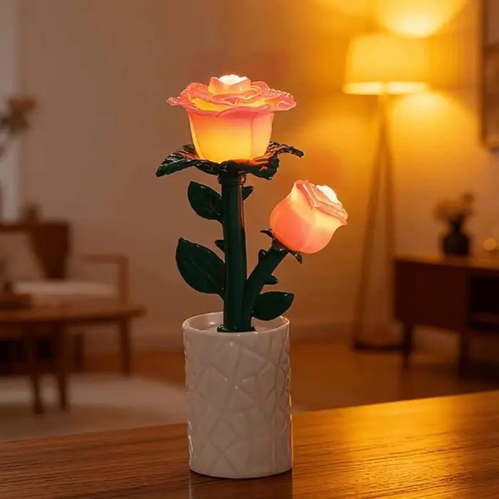 Lampe de table fleur rose Tulipe/Rose/Orchidée azur, plante en pot, veilleuse d'ambiance, décoration de bureau style blocs de construction