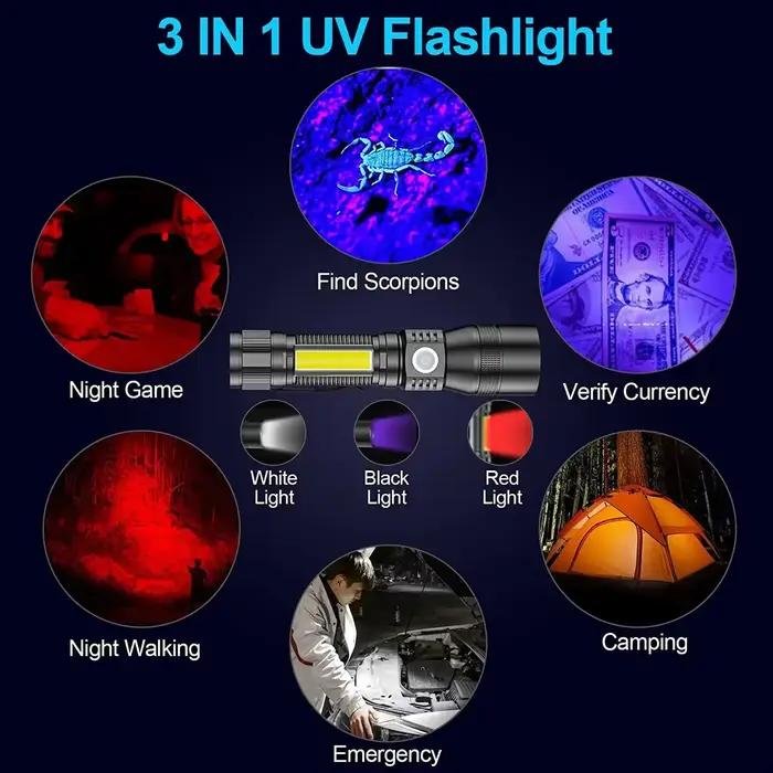 Lampe torche UV et lampe puissante rechargeable par USB, lanterne de camping, détecteur de taches d'urine d'animaux, lampe torche LED ultraviolette à lumière noire