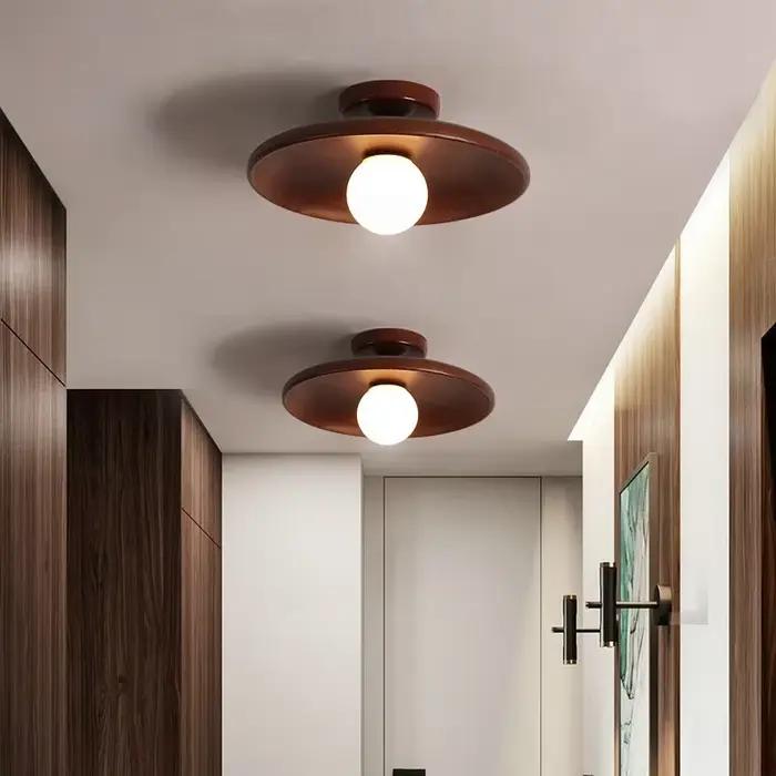 Plafonnier LED en Bois avec Disque Suspendu pour Couloir