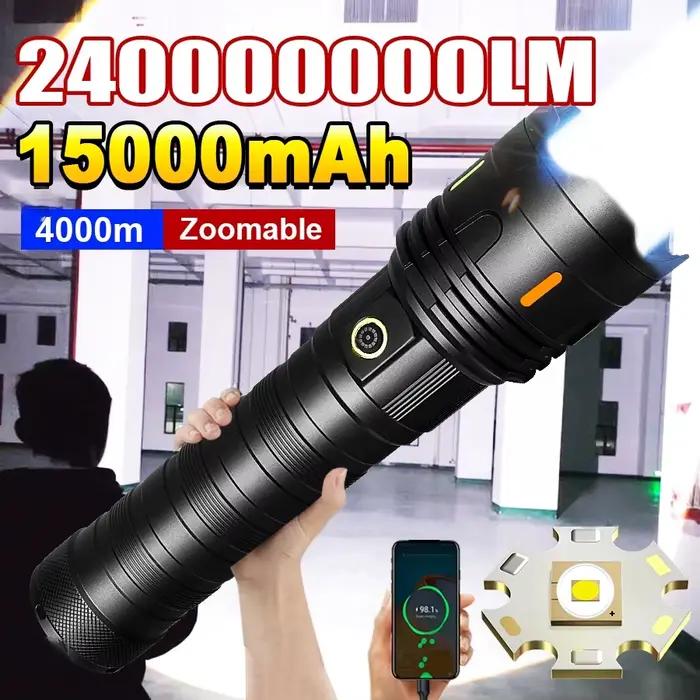 Lampe de poche Ultra lumineuse 1500W, projecteur d'urgence 4km, lampes de poche tactiques Led les plus puissantes, batterie intégrée, torche de Camping, nouveauté