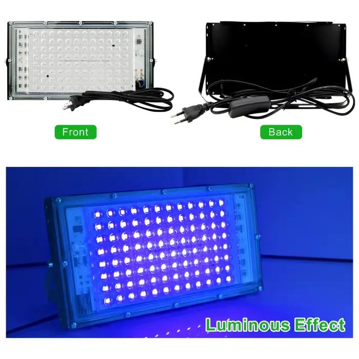 Projecteur Led UV 110V 220V 50W 100W, lumière de fête 395nm 400nm IP65, lampe de scène fluorescente ultraviolette étanche avec prise US/EU