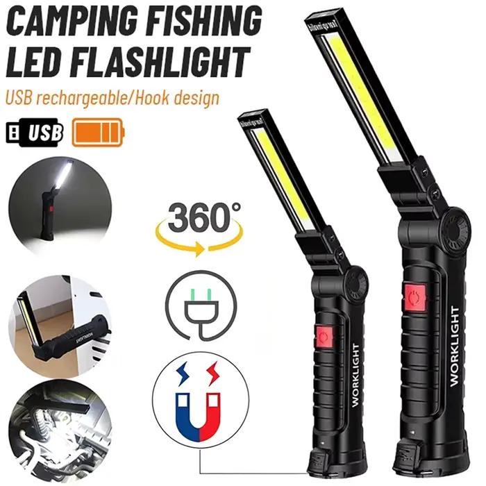 Lampe de poche LED COB, torche Rechargeable par USB, lampe d'inspection avec magnétique, crochet 360 ° Lampe de travail d'urgence extérieure rotative